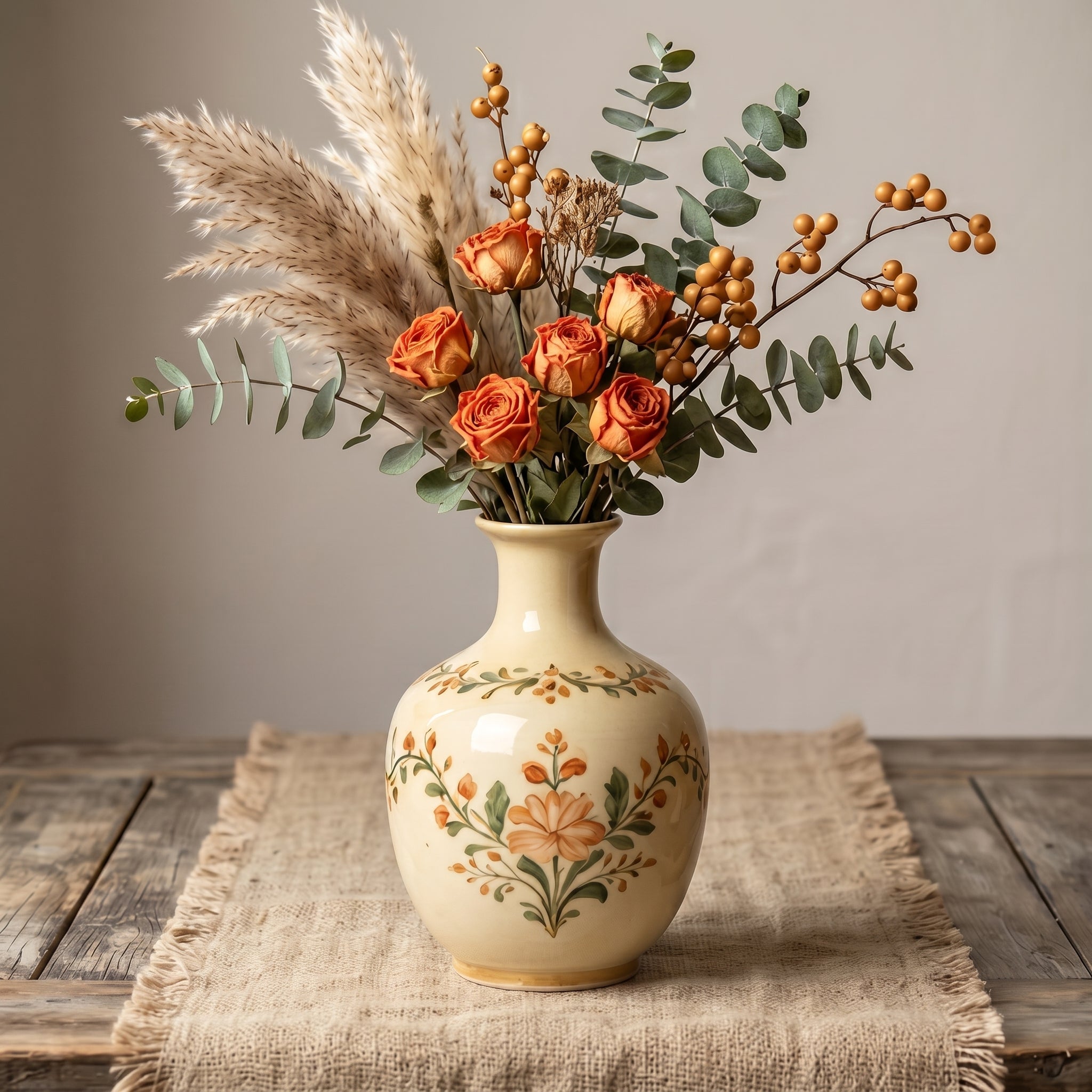 Elegant Vintage Hand-Painted Floral Cream Ceramic Vase