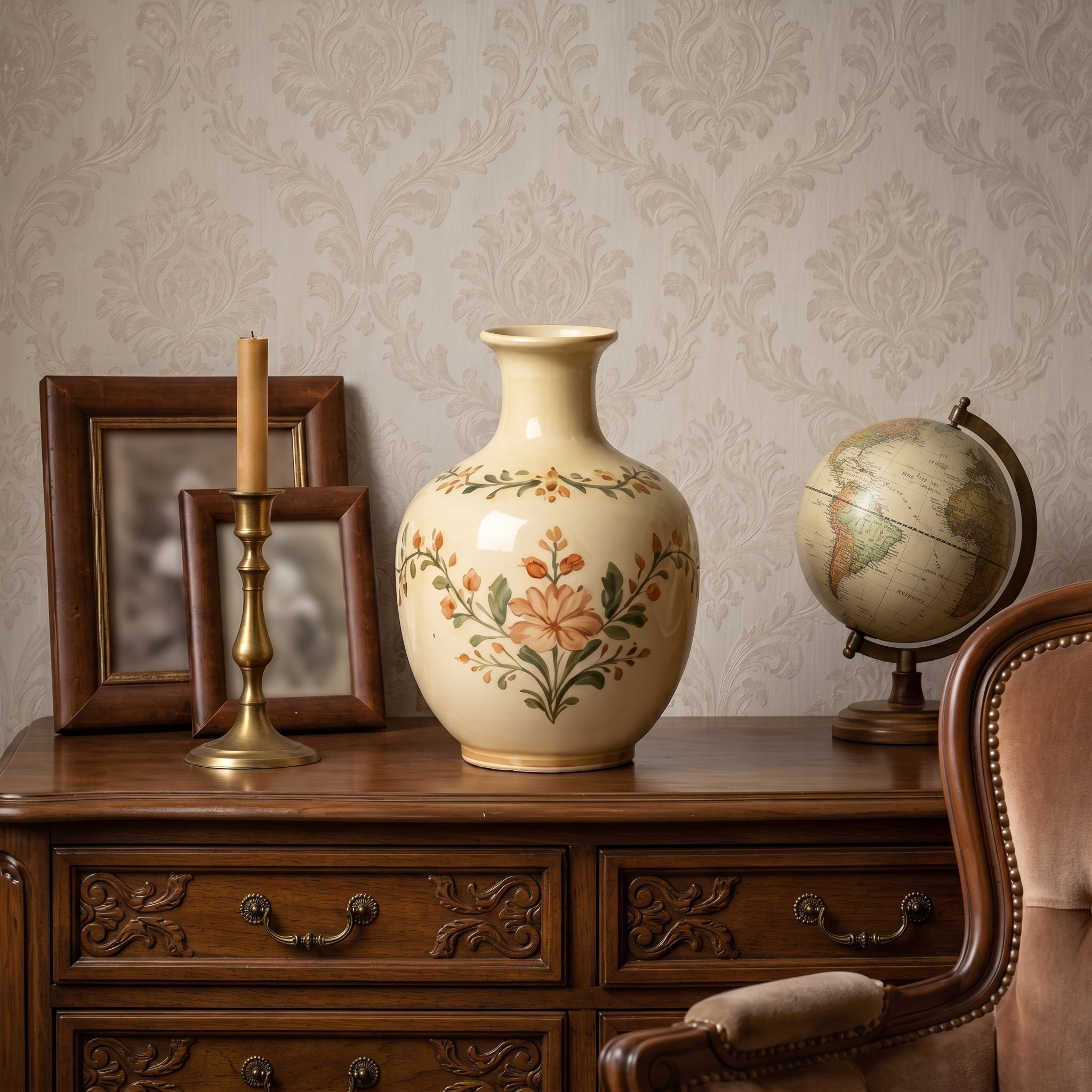 Elegant Vintage Hand-Painted Floral Cream Ceramic Vase