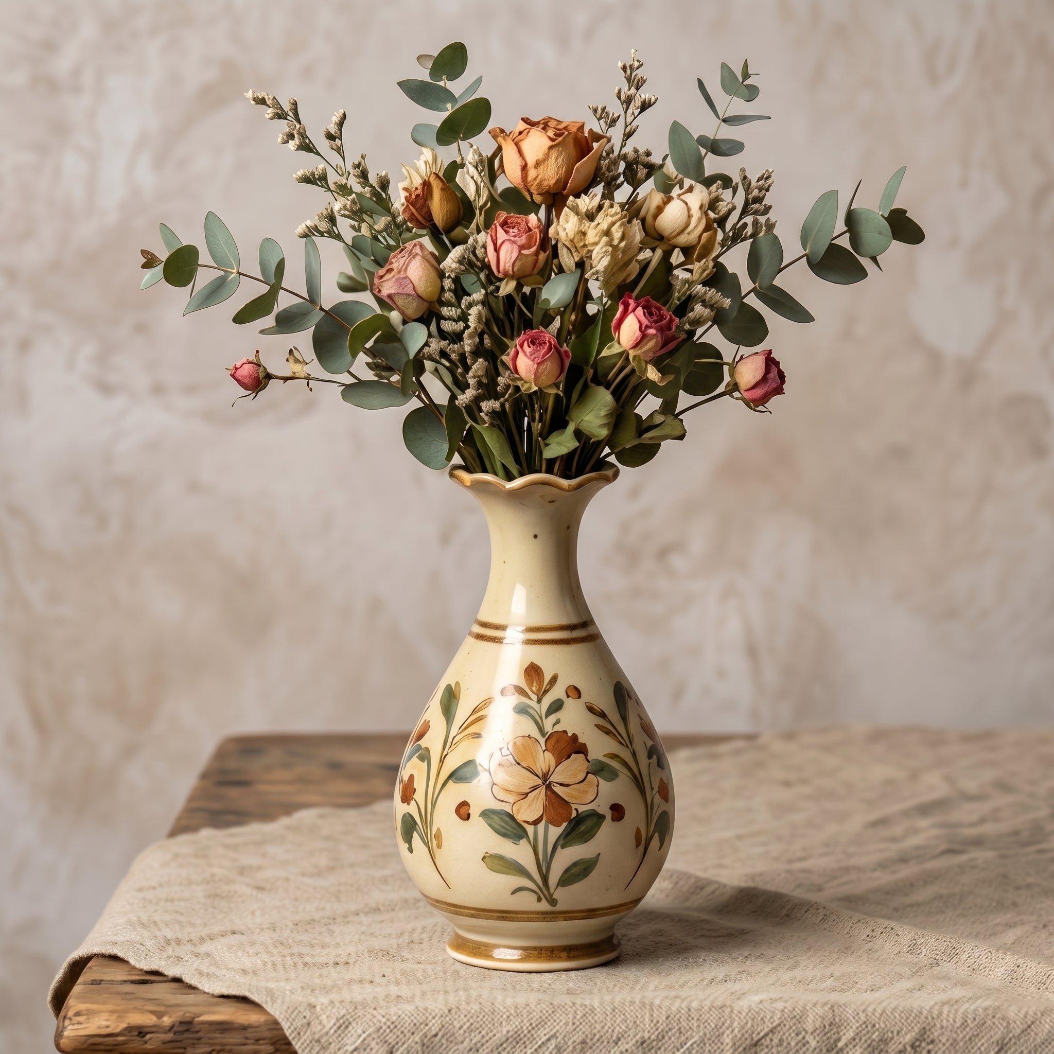 Elegant Vintage Rustic Hand-Painted Floral Ceramic Vase